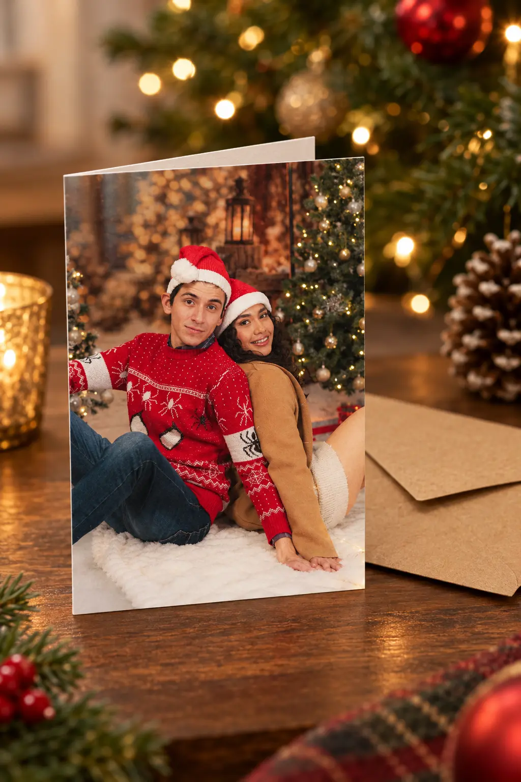 AI generated Christmas couple portrait printed on a folded 5x7 greeting card with envelope.