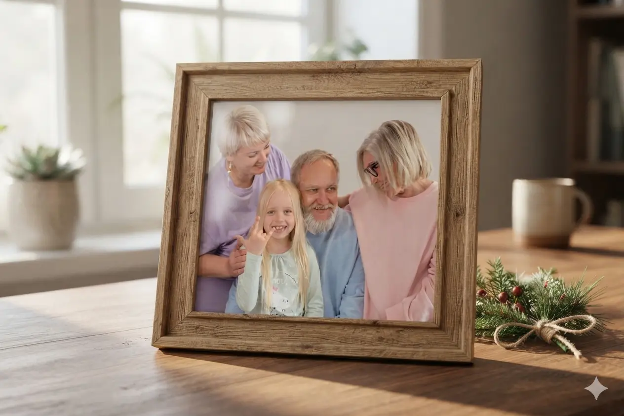Custom AI family portrait printed and placed in a rustic wooden frame on a desk.