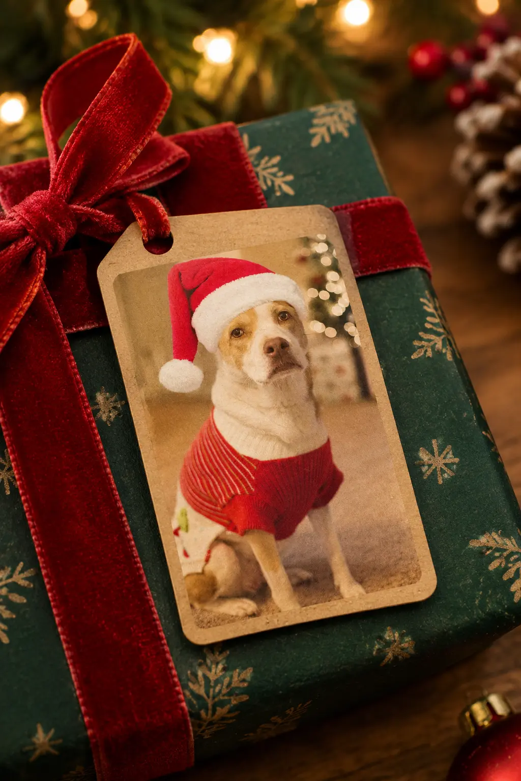 Funny AI dog portrait in a Santa hat printed on a custom gift tag tied to a present.