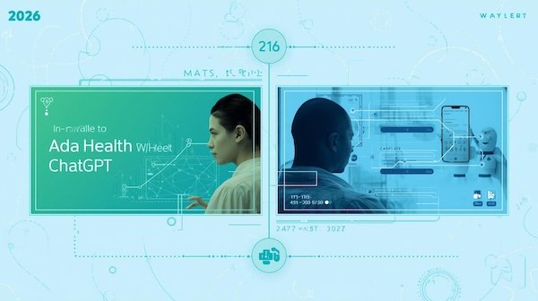 A conceptual digital illustration comparing Ada Health and ChatGPT in 2026, focusing on their interfaces and potential user interactions. The style is clean and futuristic, with a color palette dominated by cool blues and greens, suggesting innovation and technology. The layout is balanced, perhaps with split screens or distinct visual areas representing each platform, framed as an infographic or a professional tech review.