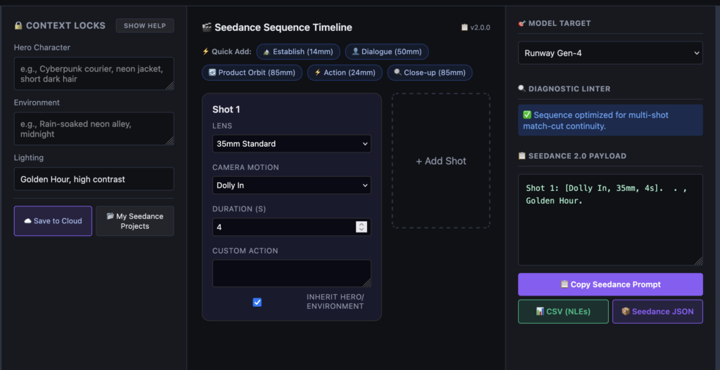 image of Multi-Shot Sequence Builder tool
Build production-ready Seedance 2.0 prompts by chaining up to 6 camera movements with Contextual Hero Lock. Export structured prompts optimized for Runway Gen-4, Kling 3, Sora 2, and Veo 3.1.
